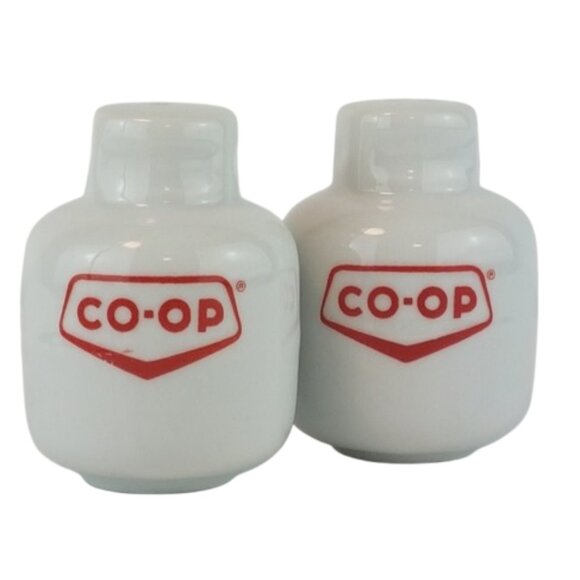 Vintage Canada Co-Op Salt and Pepper Shakers Propane Tank White Red Ceramic - Picture 7 of 7